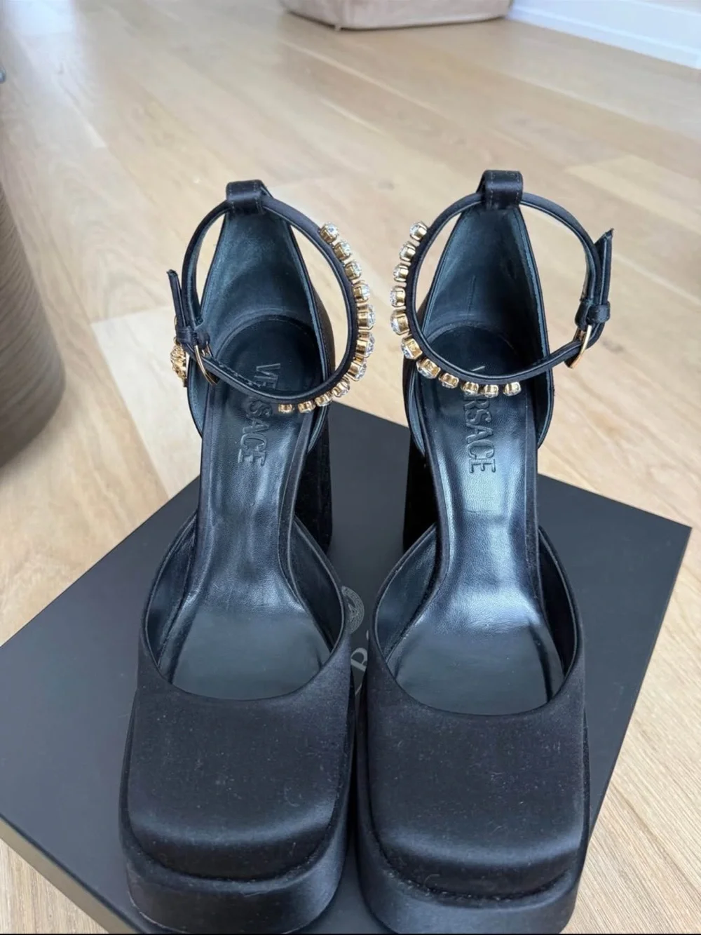 Versace Black Satin Platform Ankle-Strap Heels with Crystal Detail